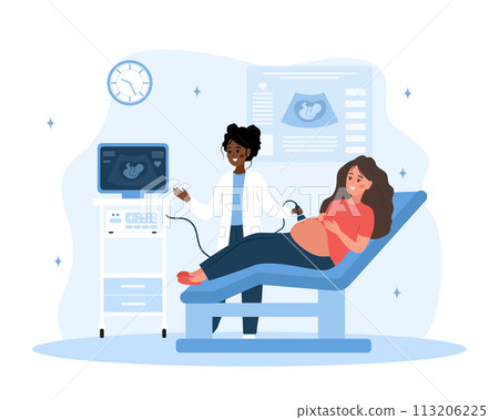 Ultrasound pregnancy screening concept. Female doctor doing fetus screening to future mother. Girl with belly looking in monitor. Embryo health diagnostic. Vector illustration in flat cartoon style Ultrasound pregnancy screening concept. Female doctor doing fetus screening to future mother. Girl with belly looking in monitor. Embryo health diagnostic. Vector illustration in flat cartoon style 113206225