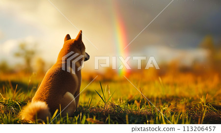 A Shiba Inu gazing at a beautiful rainbow 113206457