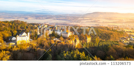 Hruba Skala chateau at cold morning sunrise time. Bohemian Paradise, Czech: Cesky raj, Czechia. Aerial view from above. 113206573
