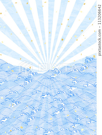 Blue waves and light Japanese style retro illustration background 113206642