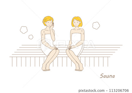 兩個可愛的熱愛桑拿的女人在桑拿房裡享受桑拿 Toto 桑拿女孩簡單插畫 113206706