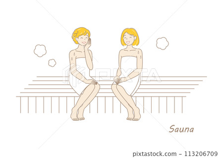 兩個可愛的熱愛桑拿的女人在桑拿房裡享受桑拿 Toto 桑拿女孩簡單插畫 113206709