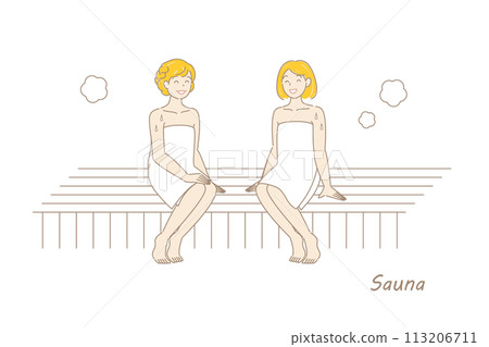 兩個可愛的熱愛桑拿的女人在桑拿房裡享受桑拿 Toto 桑拿女孩簡單插畫 113206711