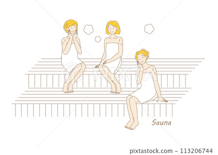 三個可愛的熱愛桑拿的女人在桑拿房享受桑拿 Toto 桑拿女孩簡單插畫 113206744