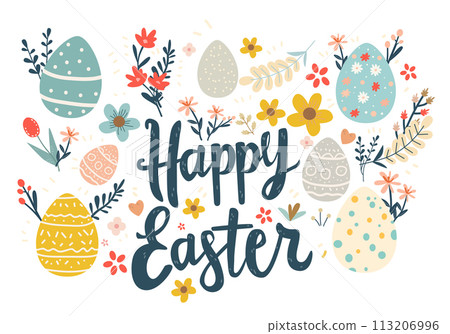 Happy Easter greeting card with colorful eggs and flowers spring holiday celebration banner horizontal 113206996