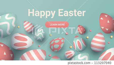 Happy Easter greeting card with eggs in pastel colors spring holiday celebration card horizontal copy space 113207040