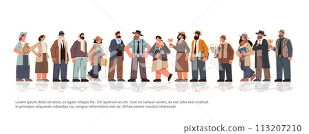 jewish men women in traditional clothes different israel people standing together happy hanukkah judaism religious holidays concept 113207210