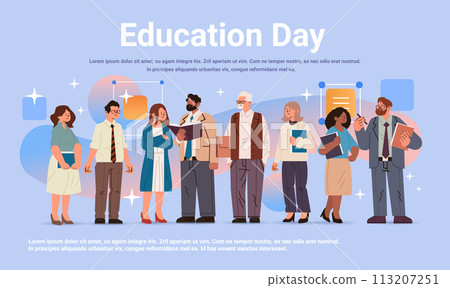 mix race teachers group with books standing together education day concept full length horizontal copy space 113207251