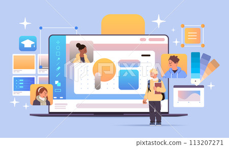 graphic design artists working on laptop man woman designers creating logo digital art creation students application concept graphic design artists working on laptop man woman designers creating logo digital art creation students application concept 113207271