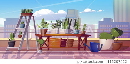 Plant garden on urban home balcony cartoon vector Plant garden on urban home balcony cartoon vector 113207422
