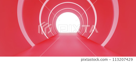 Red tunnel with round arches and light at end Red tunnel with round arches and light at end 113207429
