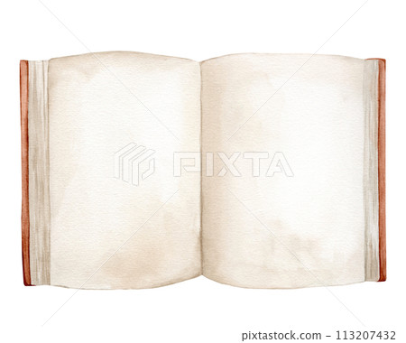 Watercolor illustration book isolated on white background. Open book brown colors. Vintage old textbooks watercolor hand drawn. Blank pages for inserting text Watercolor illustration book isolated on white background. Open book brown colors. Vintage old textbooks watercolor hand drawn. Blank pages for inserting text 113207432