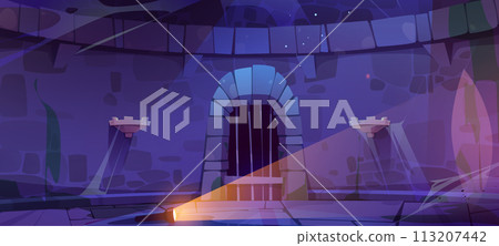 Abandoned castle dungeon room with light on wall 113207442