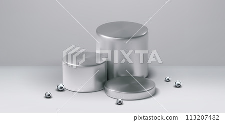 Metal cylinder podium with three stair steps Metal cylinder podium with three stair steps 113207482