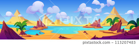 Desert landscape with dunes and lake. Desert landscape with dunes and lake. 113207483