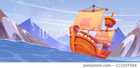 Old wooden sailboat floating in sea Old wooden sailboat floating in sea 113207484