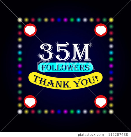 35M followers thank you greeting card with colorful lights on dark background 113207488