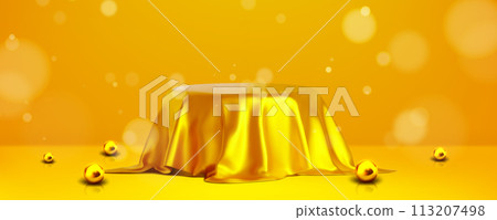 Round podium covered with golden fabric drapery Round podium covered with golden fabric drapery 113207498