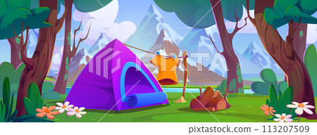 Camping in forest near mountains with tent 113207509