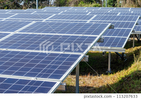 Solar panels that are starting to show signs of dirt 113207633