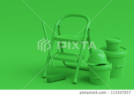 Set of folding ladder, bucket, helmet with paint rollers and brushes 113207857