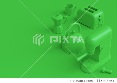 Electric kitchen appliances and utensils for making culinary on green monochrome Electric kitchen appliances and utensils for making culinary on green monochrome 113207863