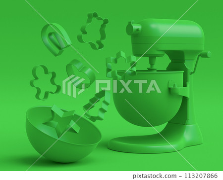Mixer and cookie cutters with kitchen utensil for making cookies on monochrome 113207866