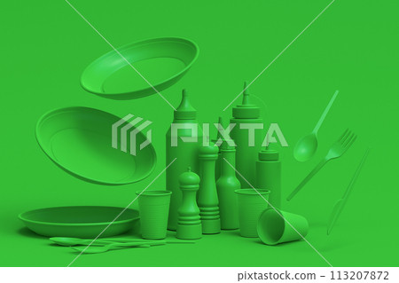 Set of disposable utensils like plate, folk, spoon,knife, cup and pepper mill Set of disposable utensils like plate, folk, spoon,knife, cup and pepper mill 113207872