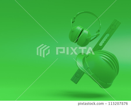 Flying view of monochrome construction tools for repair on multicolor background 113207876