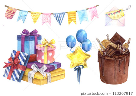 Birthday set cake chocolate watercolor drawing. Present box balloon star. Party garland invitation illustration. Decoration anniversary wedding greeting card aquarelle. Isolated white treat sweet  113207917