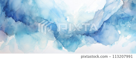A horizontal alcohol ink art drawn in light blue on a white background 113207991