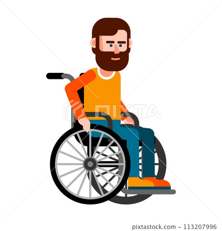 Bearded man with a disability, is seated in a wheelchair Bearded man with a disability, is seated in a wheelchair 113207996