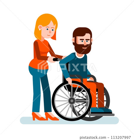 Man in Wheelchair Assisted by Woman 113207997