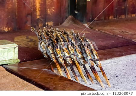 Freshly cooked Iwana (grilled Char) at a traditional Japanese mountain hut 113208077