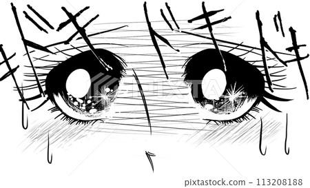 這是一幅 70 年代少女漫畫風格的女性用焦慮的眼神凝視的特寫大尺寸插圖。 113208188