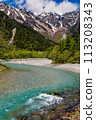 River Azusa flowing through the Kamikochi valley with snowy peaks (Kamikochi, Japan) 113208343