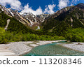 Clear, cold river running through a forested valley. River Azusa, Kamikochi, Japan 113208346