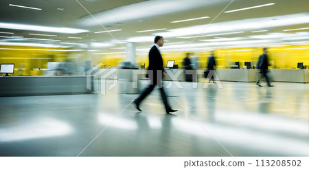 An office scene with motion blur capturing people in the background 113208502