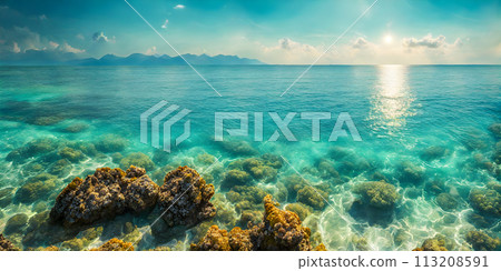 Turquoise sea and blue sunny sky background Turquoise sea and blue sunny sky background 113208591