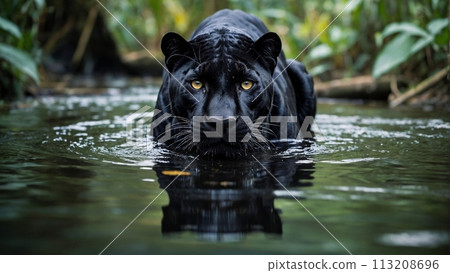 Adorable black panther in the water 113208696