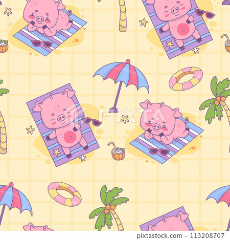 Seamless pattern with beach pigs beachgoer with cocktail and rubber circle on yellow checkered background with palm trees. Cute funny kawaii animal character. Vector illustration Seamless pattern with beach pigs beachgoer with cocktail and rubber circle on yellow checkered background with palm trees. Cute funny kawaii animal character. Vector illustration 113208707
