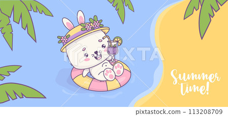 Summer time horizontal poster. Happy rabbit girl with cocktail swims on rubber circle on seashore under tropical palm leaves. Funny kawaii animal character. Vector illustration. Summer time horizontal poster. Happy rabbit girl with cocktail swims on rubber circle on seashore under tropical palm leaves. Funny kawaii animal character. Vector illustration. 113208709