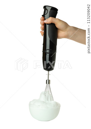 PNG, Bowl with cream and blender in hand, isolated on white background 113209042