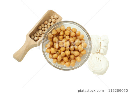 PNG, Marshmallow, scoop and bowl with chickpeas, isolated on white background, top view 113209050