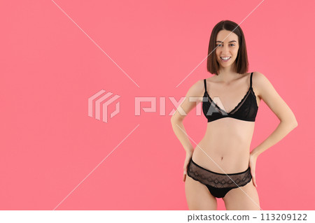 Slim girl in underwear, on a light background. Slim girl in underwear, on a light background. 113209122