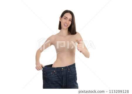 PNG thin girl wearing oversized pants isolated on white background. PNG thin girl wearing oversized pants isolated on white background. 113209128