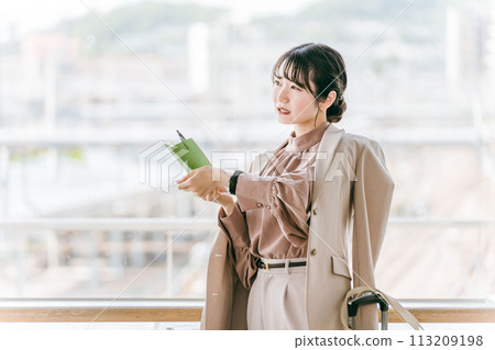 A businesswoman or young woman is in a hurry because she missed her train, it was delayed or cancelled at the station or terminal. 113209198