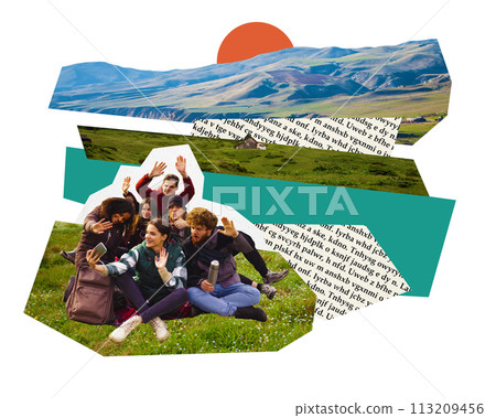 Poster. Contemporary art collage. Group of people, friends sits in green glade surrounded by mountains on picnic and takes selfies. Poster. Contemporary art collage. Group of people, friends sits in green glade surrounded by mountains on picnic and takes selfies. 113209456
