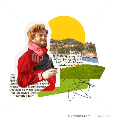 Poster. Contemporary art collage. Man with cup of coffee watches life of city, admires sights. Around the world. 113209470