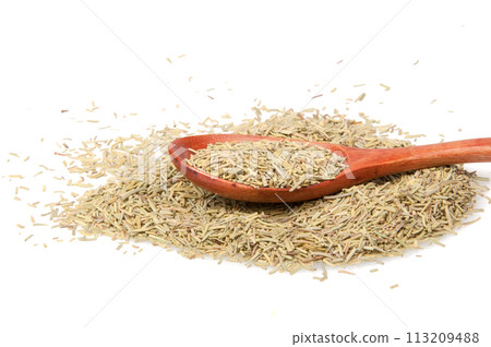 Dried rosemary spice in wooden spoon isolated on the white Dried rosemary spice in wooden spoon isolated on the white 113209488